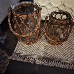 Rustic Glass Lantern Set with Woven Accents